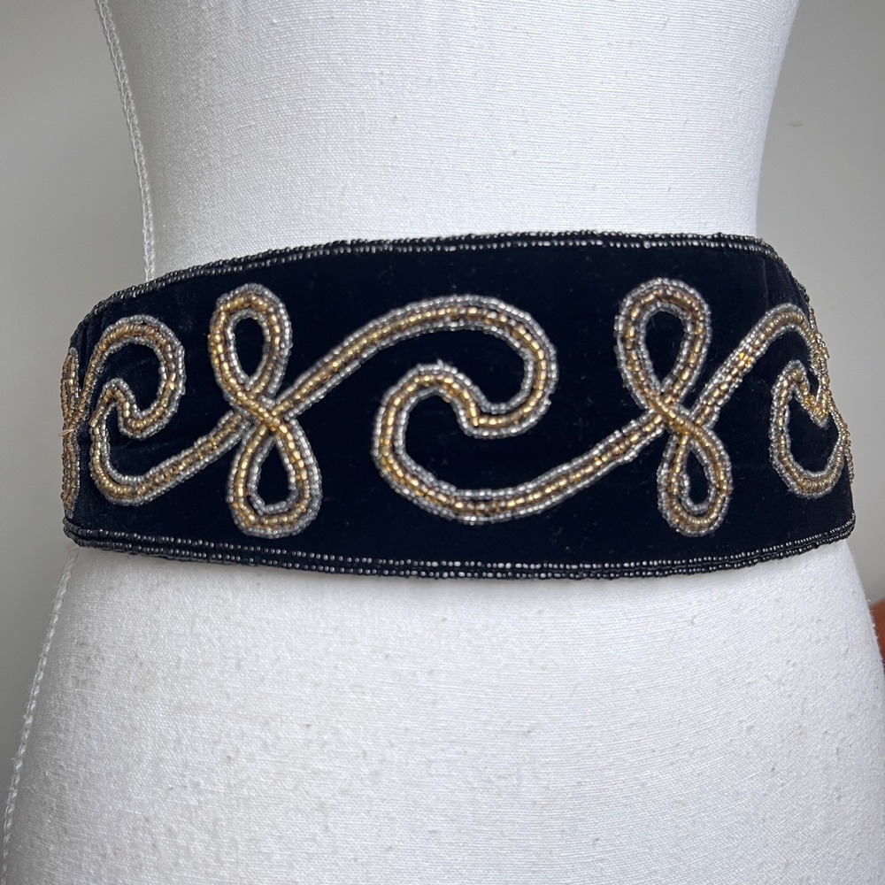 Vintage 90s Beaded Velvet Waist Belt Black Metallic Ornate Statement Chunky Wide
